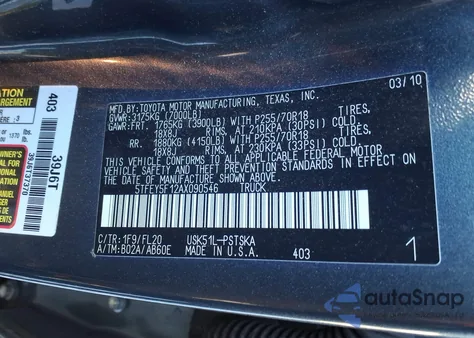 2010 Toyota Tundra Grade 5.7L V8 z USA, uszkodzony, nr VIN 5TFEY5F12AX090546